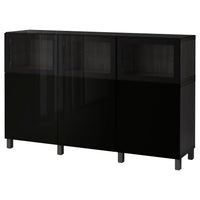 BESTÅ storage combination with doors, black-brown Selsviken/Glassvik high-gloss/black clear glass, 180x42x112 cm