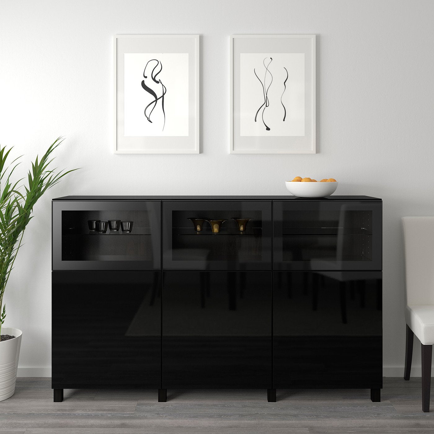 BESTÅ storage combination with doors, black-brown Selsviken/Glassvik high-gloss/black clear glass, 180x42x112 cm