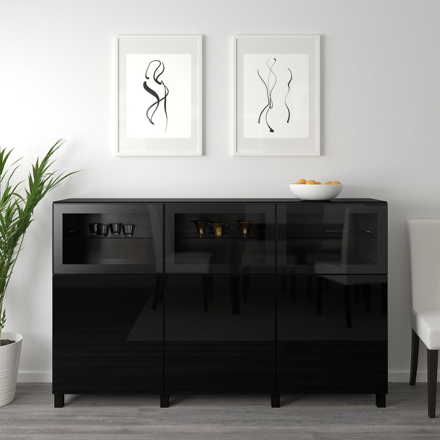 BESTÅ storage combination with doors, black-brown Selsviken/Glassvik high-gloss/black clear glass, 180x42x112 cm