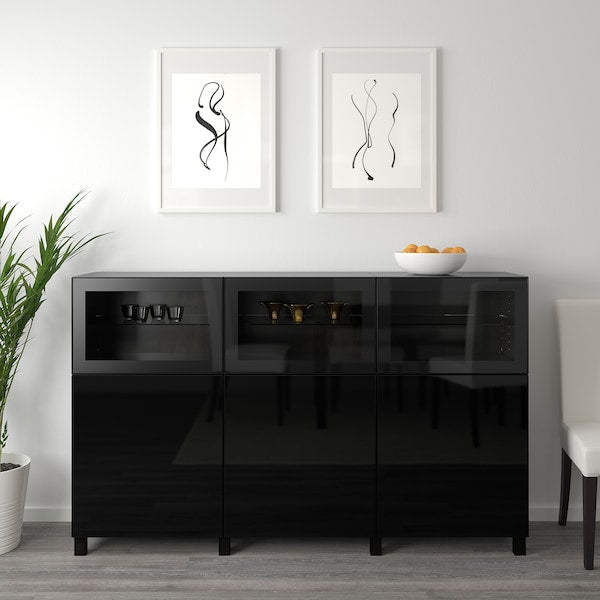 BESTÅ - Storage combination with doors, black-brown Selsviken/Glassvik high-gloss/black clear glass, 180x42x112 cm