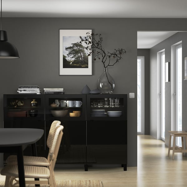 BESTÅ storage combination with doors, black-brown Selsviken/Glassvik high-gloss/black clear glass, 180x42x112 cm