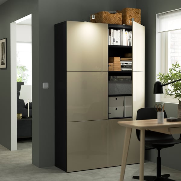 BESTÅ Mobile with doors - brown-black/Selsviken glossy/beige 120x40x192 cm , 120x42x193 cm