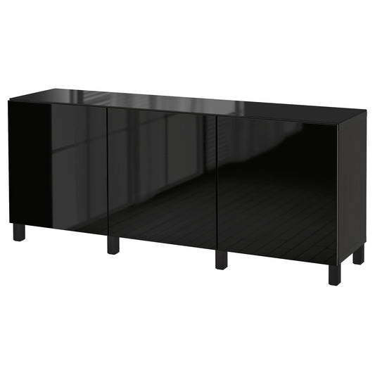 BESTÅ storage combination with doors, black-brown/Selsviken high-gloss/black, 180x42x75 cm