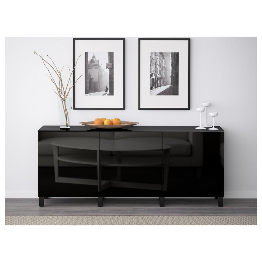 BESTÅ storage combination with doors, black-brown/Selsviken high-gloss/black, 180x42x75 cm