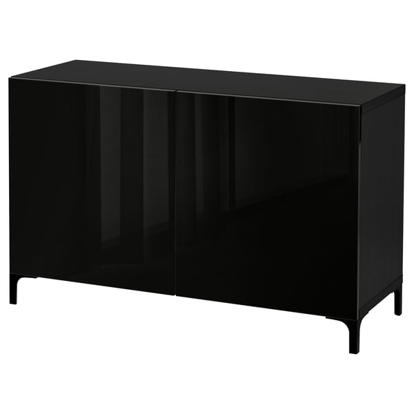 BESTÅ storage combination with doors, black-brown/Selsviken high-gloss/black, 120x42x74 cm