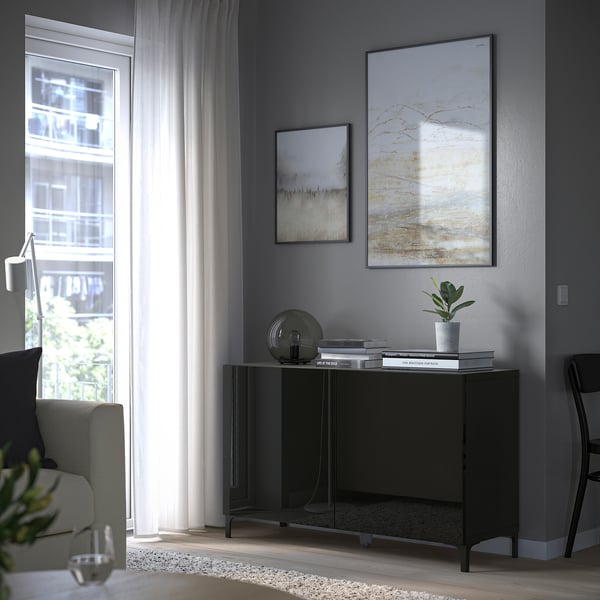 BESTÅ storage combination with doors, black-brown/Selsviken high-gloss/black, 120x42x74 cm