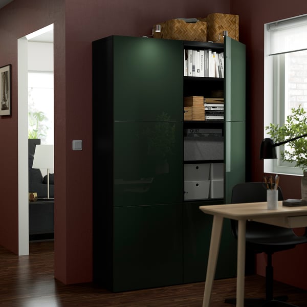 BESTÅ storage combination with doors, black-brown Selsviken/high-gloss dark olive-green, 120x42x193 cm