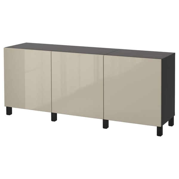 BESTÅ storage combination with doors, black-brown/Selsviken/Stubbarp high-gloss/beige, 180x42x74 cm