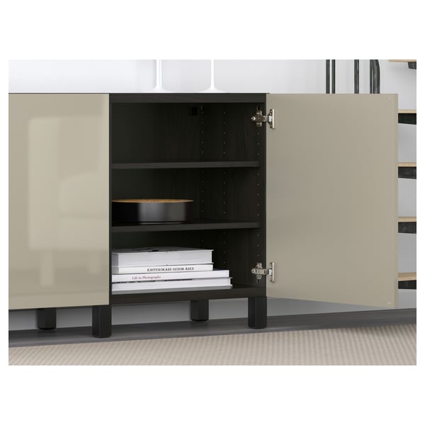 BESTÅ storage combination with doors, black-brown/Selsviken/Stubbarp high-gloss/beige, 180x42x74 cm