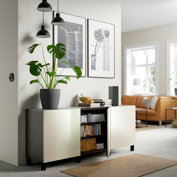 BESTÅ storage combination with doors, black-brown/Selsviken/Stubbarp high-gloss/beige, 180x42x74 cm