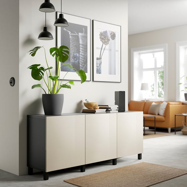 BESTÅ storage combination with doors, black-brown/Selsviken/Stubbarp high-gloss/beige, 180x42x74 cm