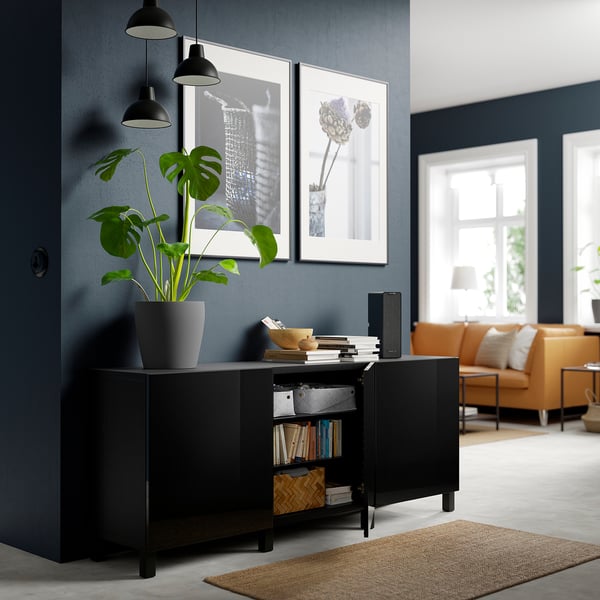 BESTÅ storage combination with doors, black-brown/Selsviken/Stubbarp high-gloss/black, 180x42x74 cm