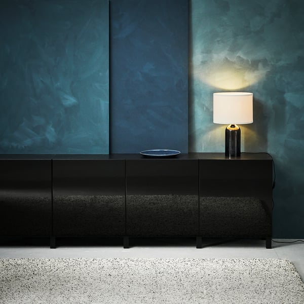 BESTÅ storage combination with doors, black-brown/Selsviken/Stubbarp high-gloss/black, 180x42x74 cm