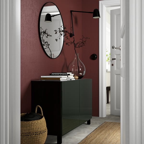 BESTÅ storage combination with doors, black-brown Selsviken/Stubbarp/high-gloss dark olive-green, 120x42x74 cm
