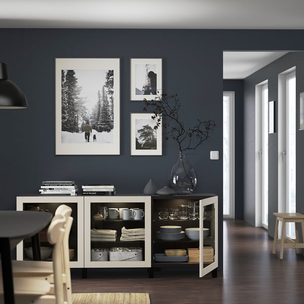 BESTÅ storage combination with doors, black-brown Sindvik/Stubbarp/light grey-beige clear glass, 180x42x74 cm