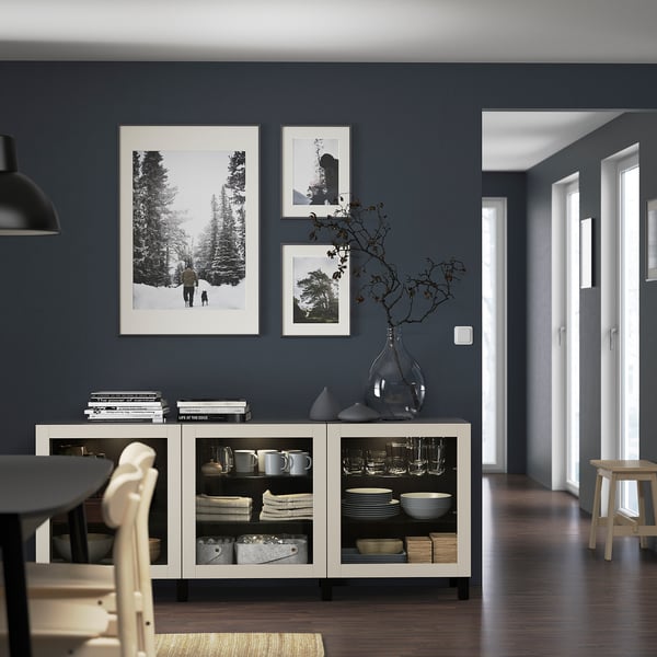 BESTÅ storage combination with doors, black-brown Sindvik/Stubbarp/light grey-beige clear glass, 180x42x74 cm