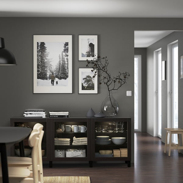 BESTÅ storage combination with doors, black-brown/Sindvik/Stubbarp black-brown clear glass, 180x42x74 cm