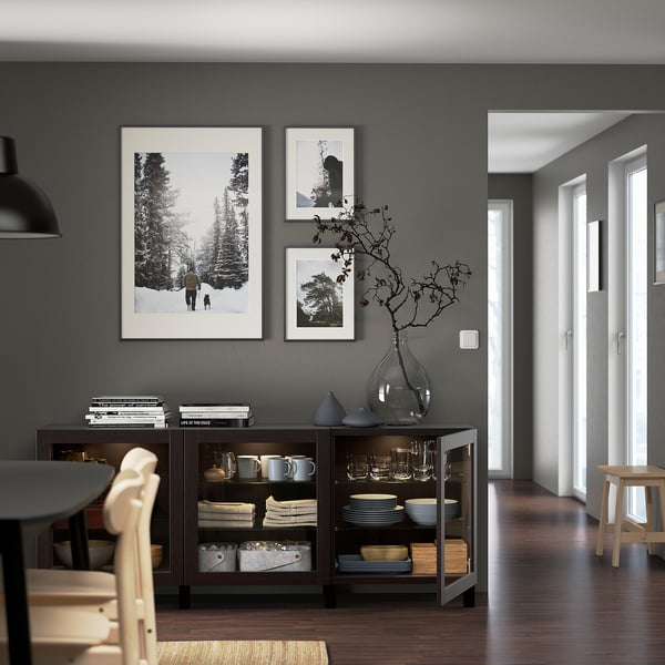 BESTÅ storage combination with doors, black-brown/Sindvik/Stubbarp black-brown clear glass, 180x42x74 cm