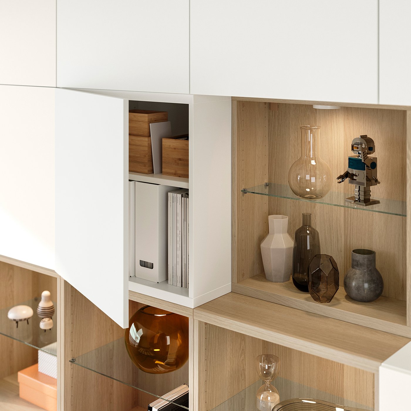 BESTÅ storage combination with doors, white stained oak/Lappviken white, 240x42x231 cm