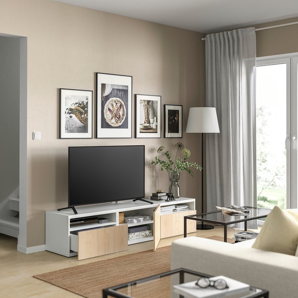 BESTÅ TV bench, white/Fänrik ash, 180x42x39 cm