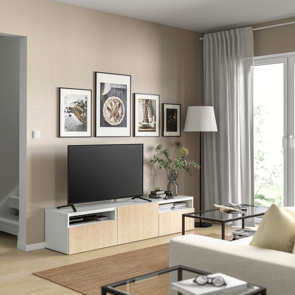 BESTÅ TV bench, white/Fänrik ash, 180x42x39 cm