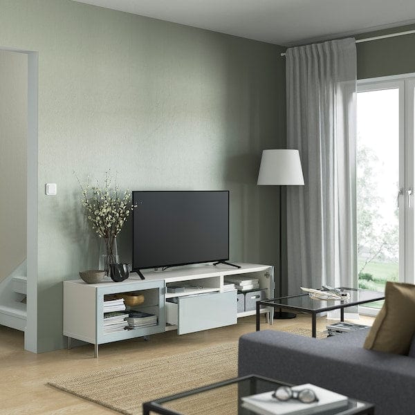 Ikea BESTÅ - TV bench, white Glassvik/Selsviken/Ösarp light grey-blue, 180x42x48 cm