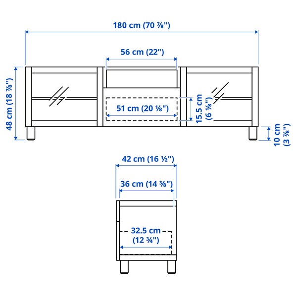 BESTÅ - TV bench, white Glassvik/Selsviken/Ösarp light grey-blue, 180x42x48 cm