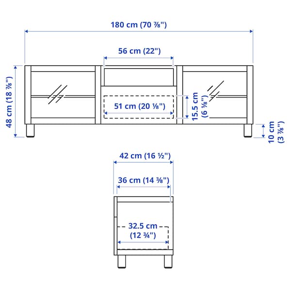 BESTÅ - TV bench, white Glassvik/Selsviken/Ösarp light grey-blue, 180x42x48 cm