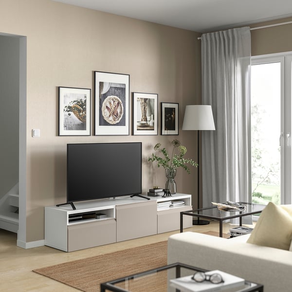 BESTÅ - BESTÅ TV bench, white/Hammarsmed beige, 180x42x39 cm