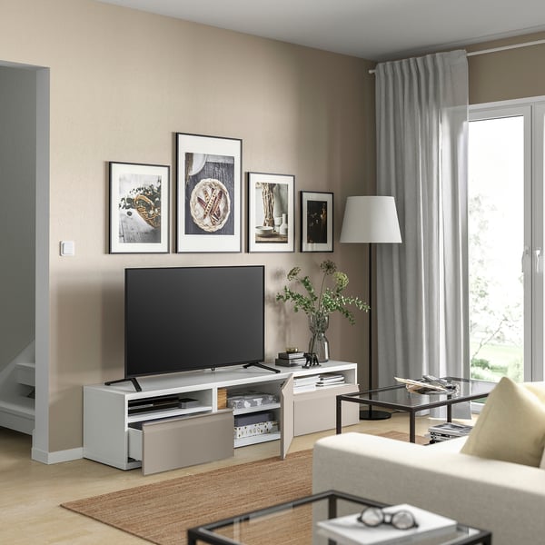 BESTÅ - BESTÅ TV bench, white/Hammarsmed beige, 180x42x39 cm