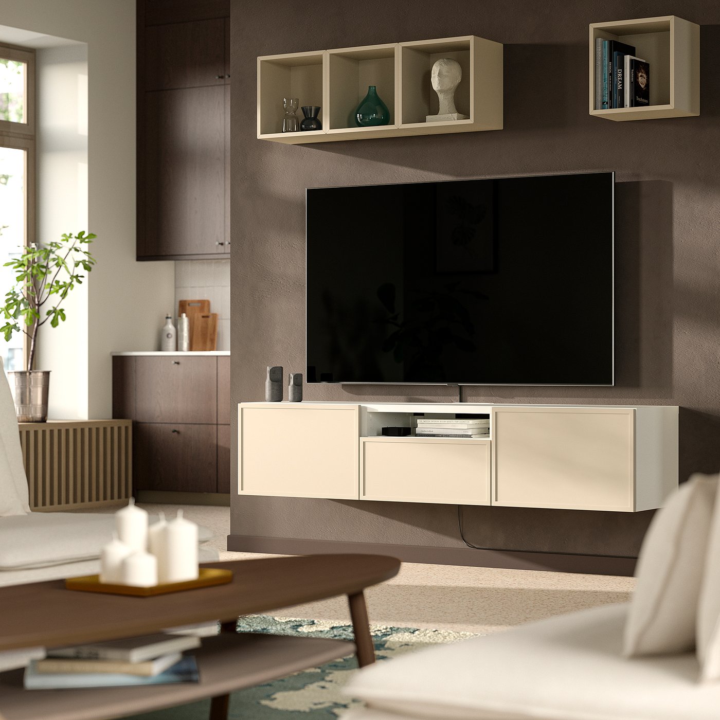 BESTÅ TV bench, white/Krukmakare beige, 180x42x39 cm