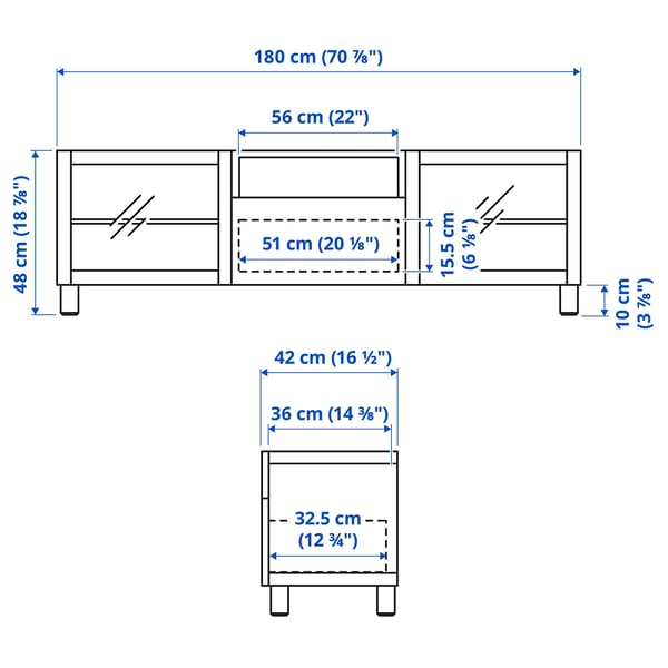 BESTÅ - BESTÅ TV bench, white/Lappviken/Stubbarp white clear glass, 180x42x48 cm