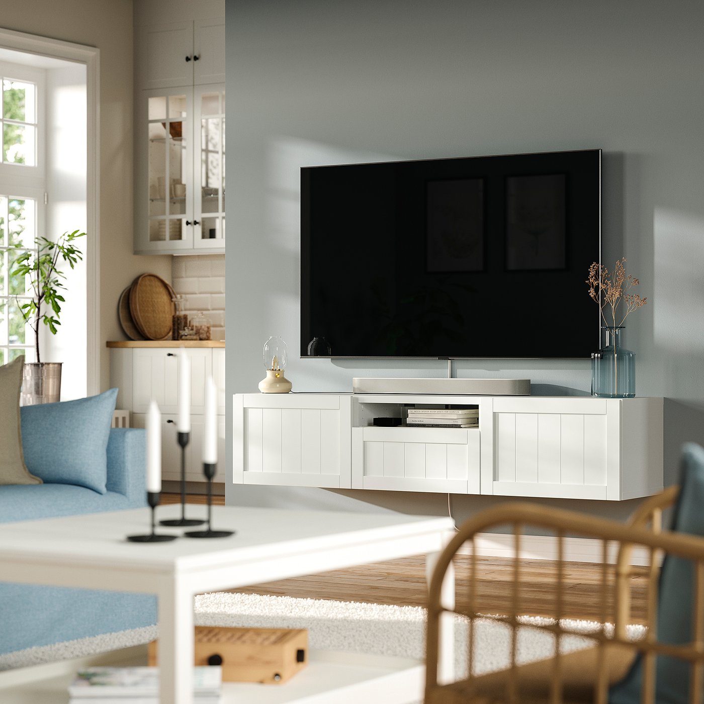 BESTÅ TV bench, white/Pipmakare white, 180x42x39 cm