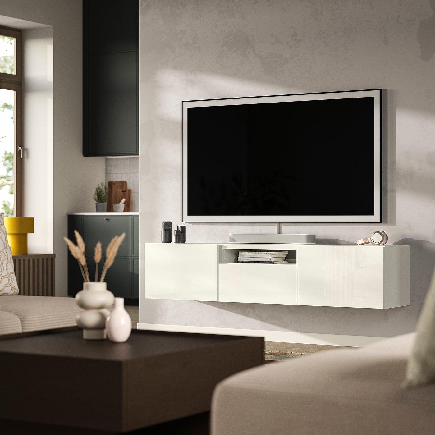 BESTÅ TV bench, white/Selsviken high-gloss white, 180x42x39 cm