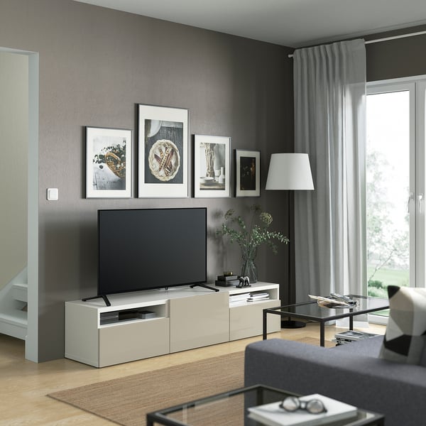 BESTÅ TV bench, white/Selsviken high-gloss/beige, 180x42x39 cm