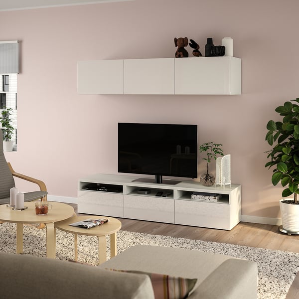 BESTÅ - BESTÅ TV bench, white/Selsviken high-gloss/white, 180x42x185 cm