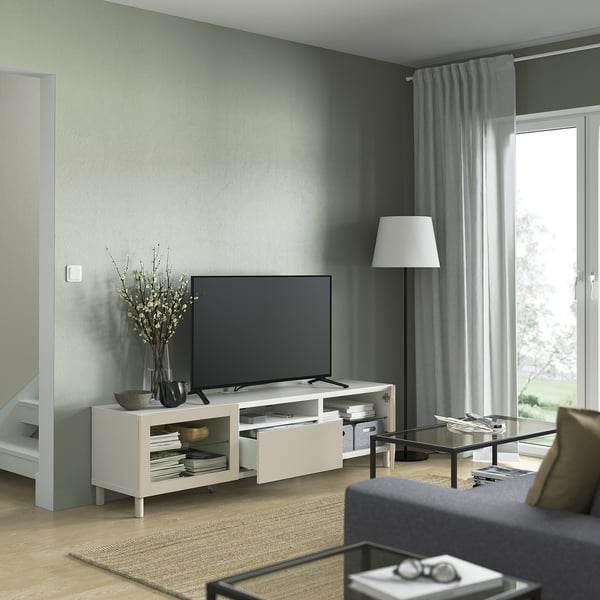 BESTÅ - BESTÅ TV bench, white Sindvik/Lappviken/Mejarp light grey/beige, 180x42x48 cm