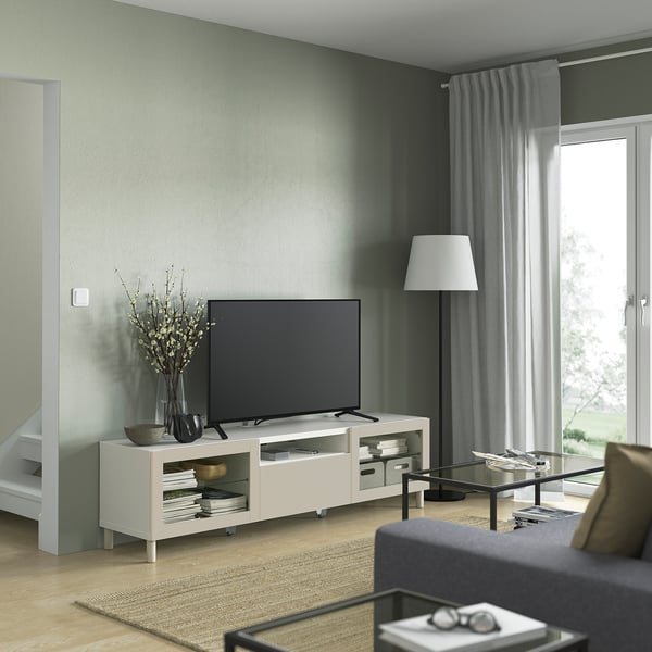 BESTÅ - BESTÅ TV bench, white Sindvik/Lappviken/Mejarp light grey/beige, 180x42x48 cm