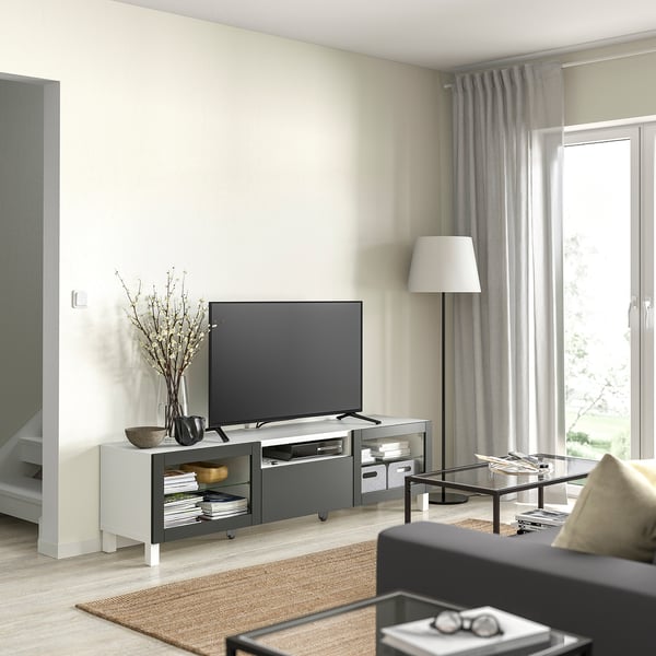 BESTÅ - BESTÅ TV bench, white Sindvik/Lappviken/Stubbarp dark grey, 180x42x48 cm