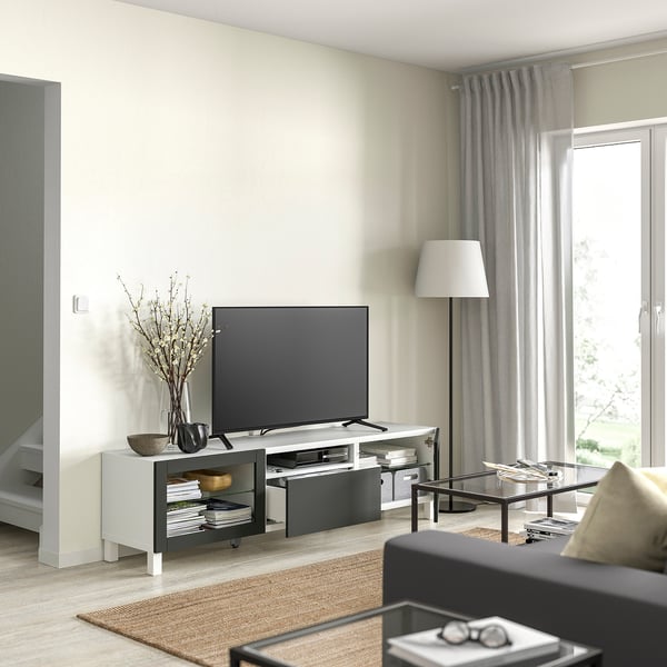 BESTÅ - BESTÅ TV bench, white Sindvik/Lappviken/Stubbarp dark grey, 180x42x48 cm