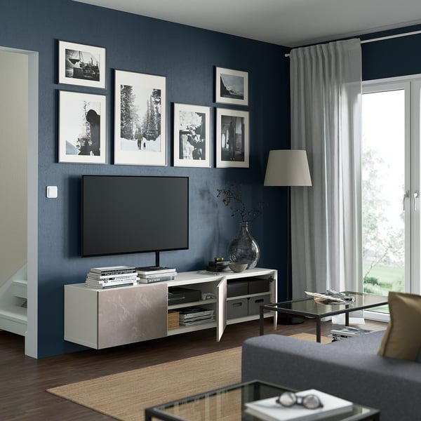 BESTÅ TV bench with doors, white/Bergsviken beige, 180x42x38 cm