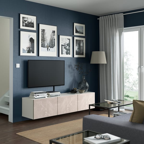 BESTÅ - TV cabinet with doors, white/Bergsviken beige, , 180x42x38 cm