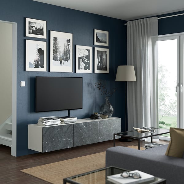 BESTÅ - TV bench with doors, white/Bergsviken black, 180x42x38 cm
