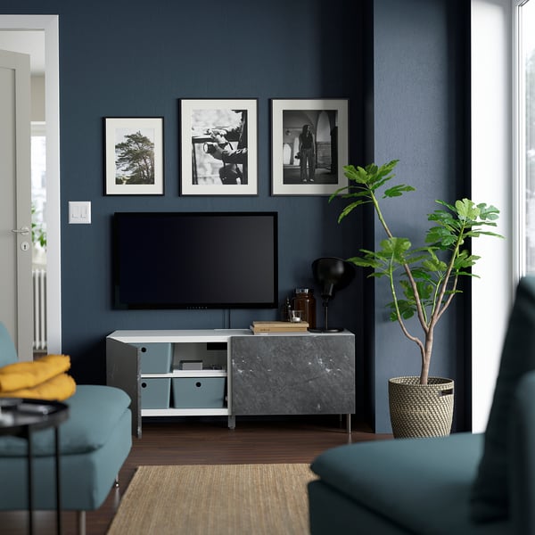 BESTÅ TV bench with doors, white Bergsviken/Ösarp/black, 120x42x48 cm