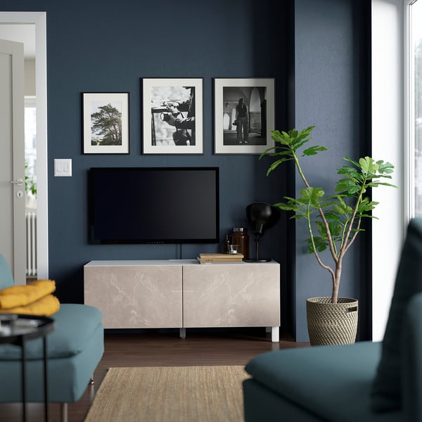 BESTÅ TV bench with doors, white Bergsviken/Stubbarp/beige, 120x42x48 cm
