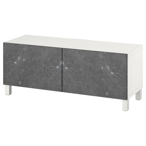 BESTÅ TV bench with doors, white Bergsviken/Stubbarp/black, 120x42x48 cm