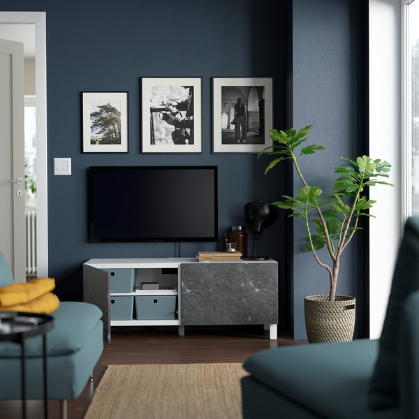 BESTÅ TV bench with doors, white Bergsviken/Stubbarp/black, 120x42x48 cm