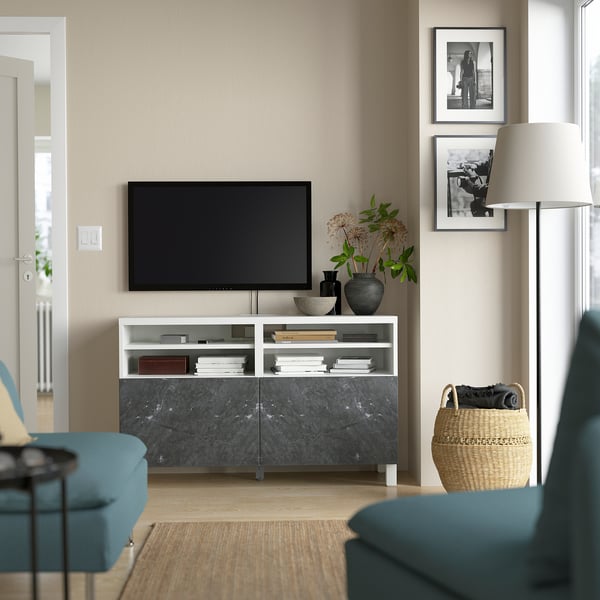 BESTÅ - TV bench with doors, white/Bergsviken/Stubbarp black, 120x42x74 cm