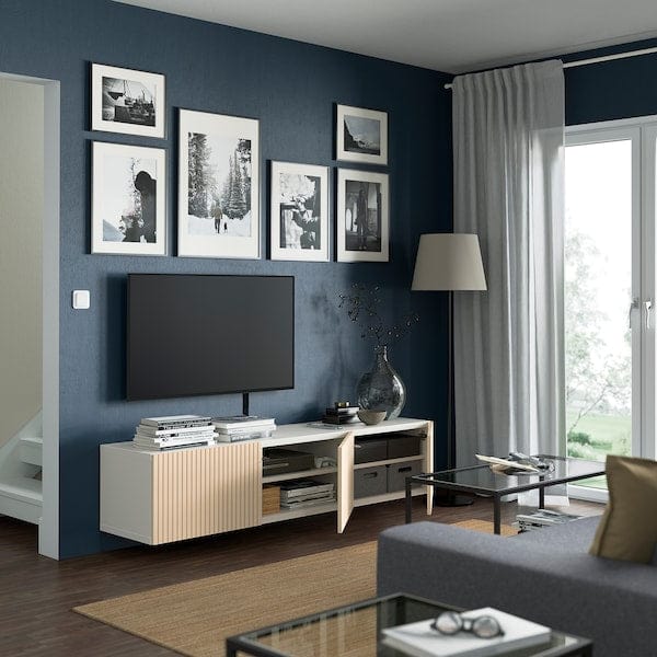 Ikea BESTÅ - TV bench with doors, white Björköviken/birch veneer, 180x42x38 cm