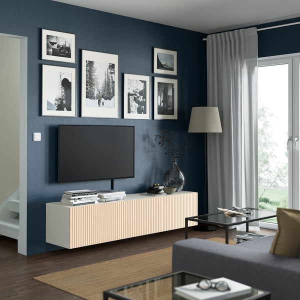 BESTÅ - TV bench with doors, white Björköviken/birch veneer, 180x42x38 cm